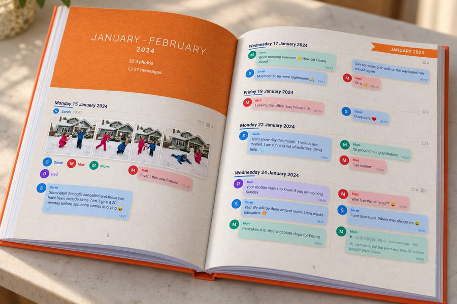 A chapter page for January and February, followed by dated messages